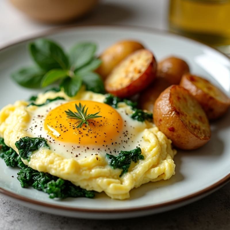 Scrambled Eggs with Sautéed Greens and Roasted Potatoes