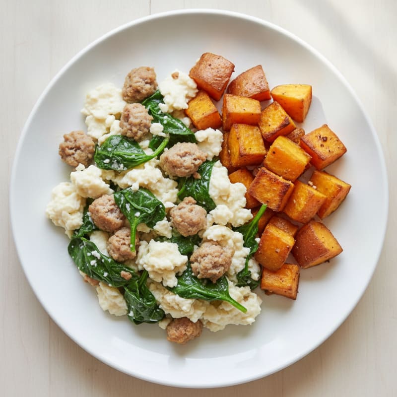 Egg White and Turkey Sausage Scramble with Spinach and Roasted Sweet Potatoes