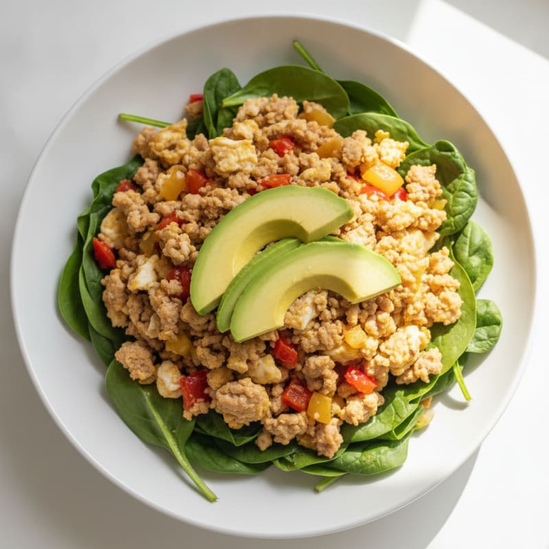 Egg White and Turkey Veggie Scramble with Sautéed Spinach