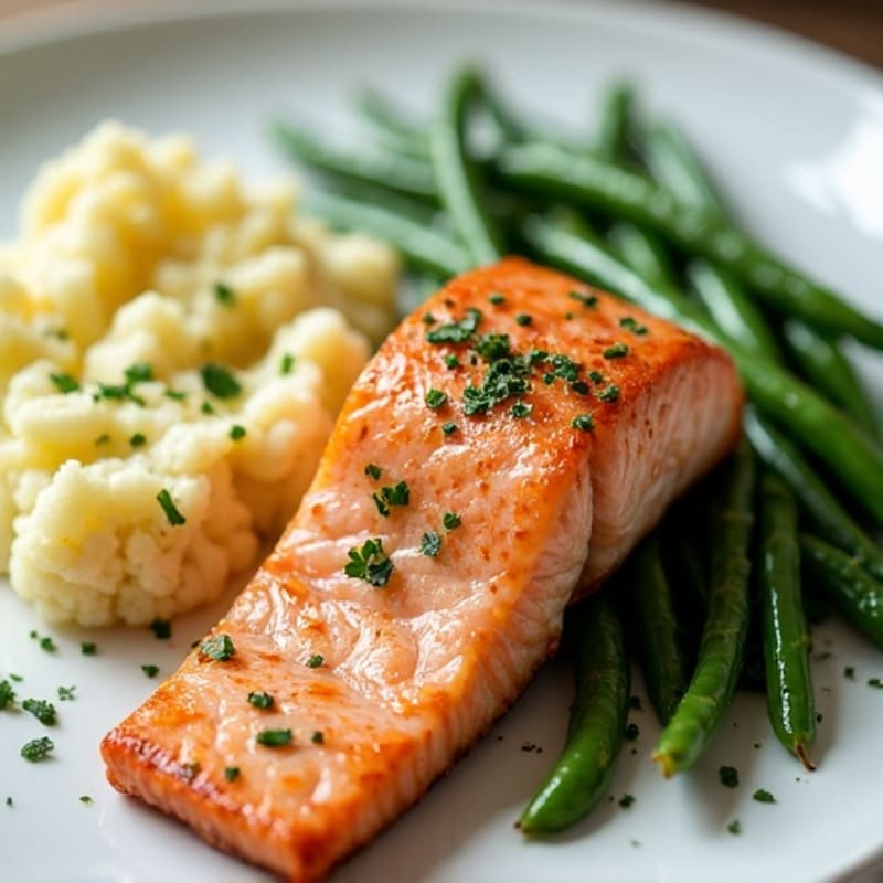 Seared Salmon Fillet with Garlic Green Beans and Mashed Cauliflower