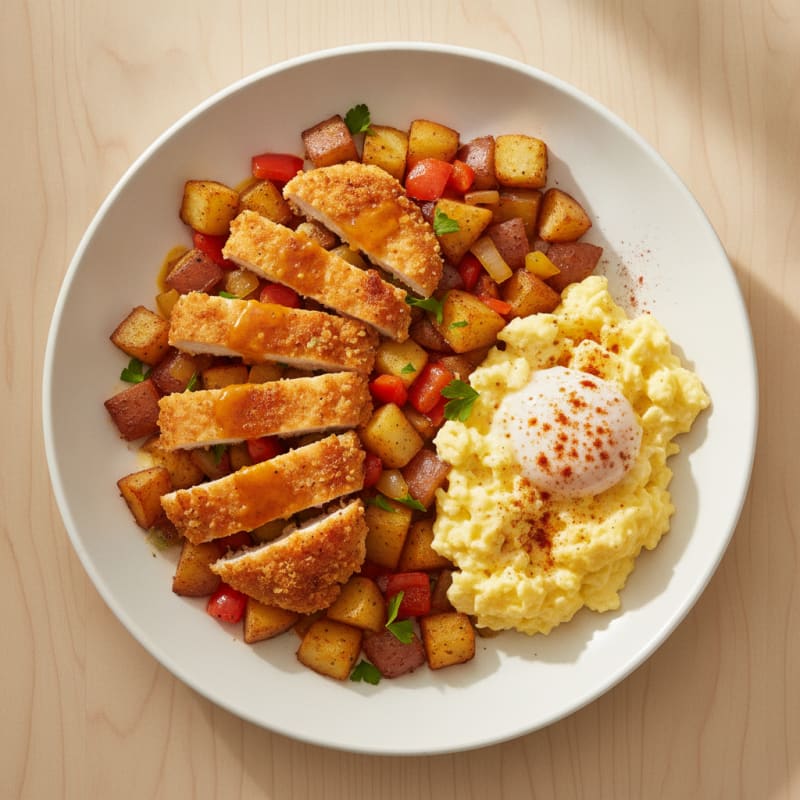 Crispy Chicken and Potato Hash with Scrambled Eggs