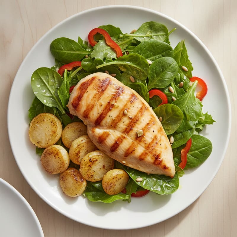 Grilled Chicken Breast with Mixed Greens Salad and Roasted Turnips