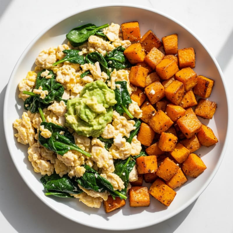 Chicken Egg White Scramble with Spinach and Roasted Sweet Potatoes