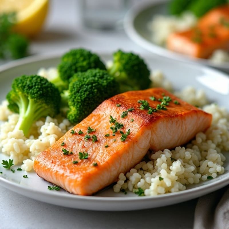 Seared Salmon with Herbed Rice and Steamed Broccoli