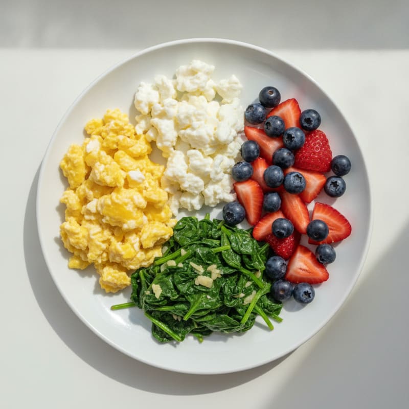 Scrambled Eggs with Sautéed Spinach and Fresh Fruit