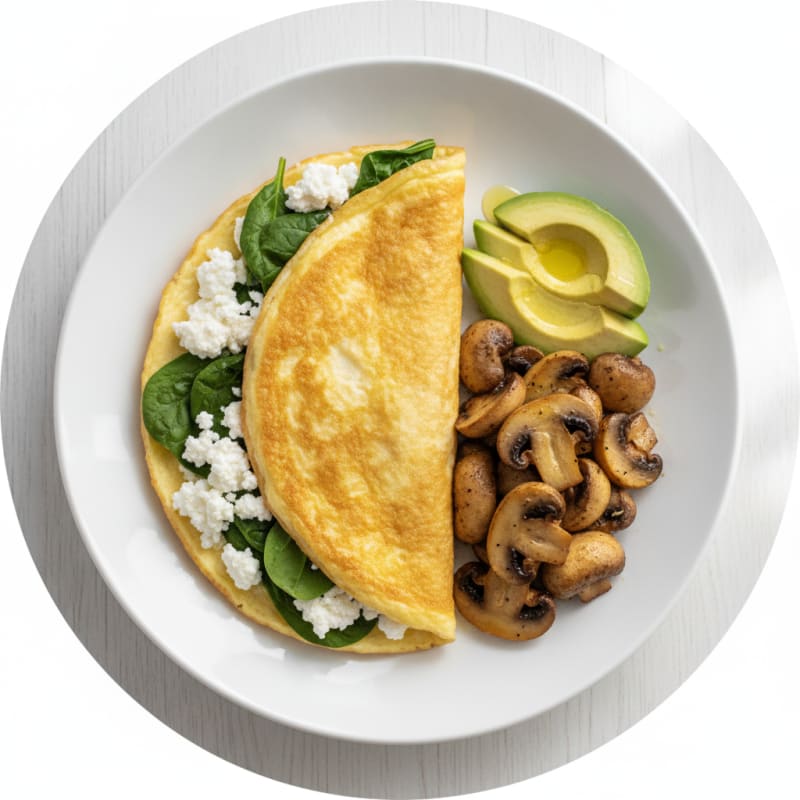 Egg White Spinach Omelette with Cottage Cheese and Sautéed Mushrooms