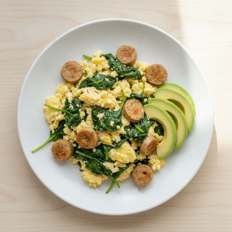 Egg White Scramble with Turkey Sausage and Sautéed Spinach