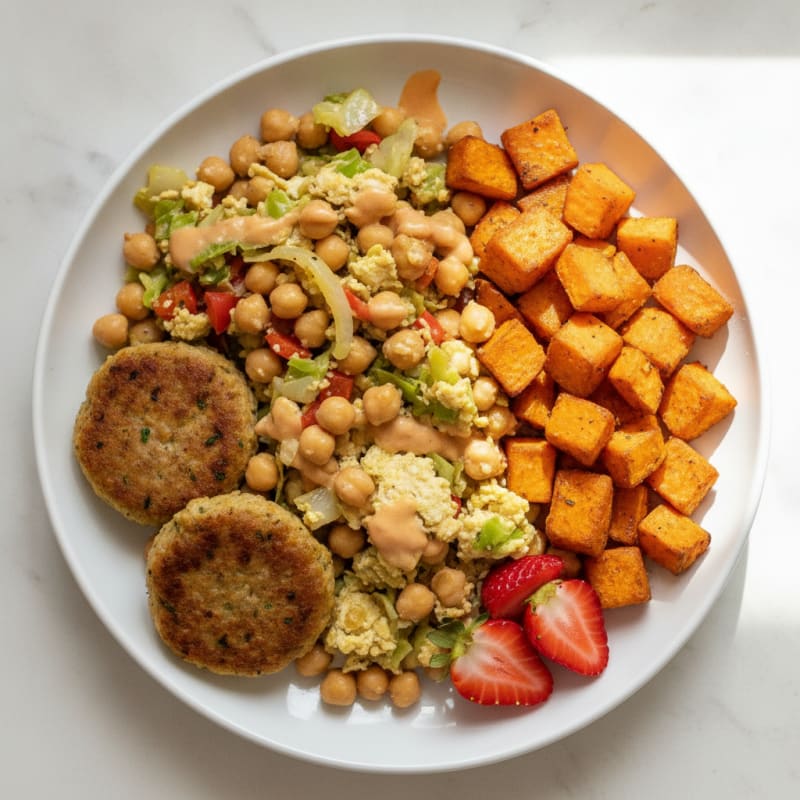 Veggie Sausage and Chickpea Scramble with Sweet Potato Hash