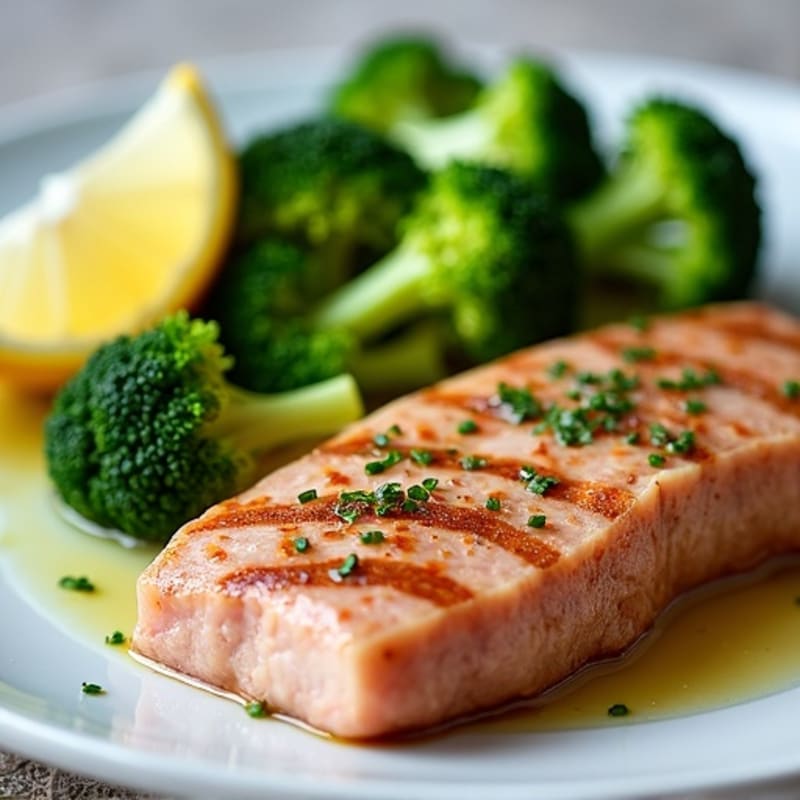 Seared Tuna Steak with Steamed Broccoli and Lemon