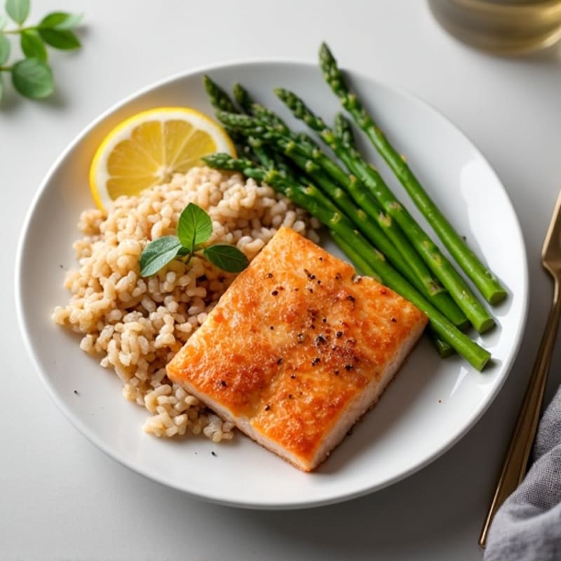 Seared Salmon with Steamed Asparagus and Brown Rice
