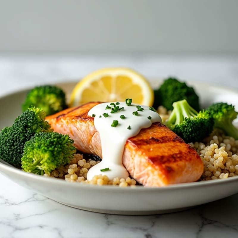 Grilled Salmon with Steamed Broccoli, Quinoa & Lemon Greek Yogurt Sauce