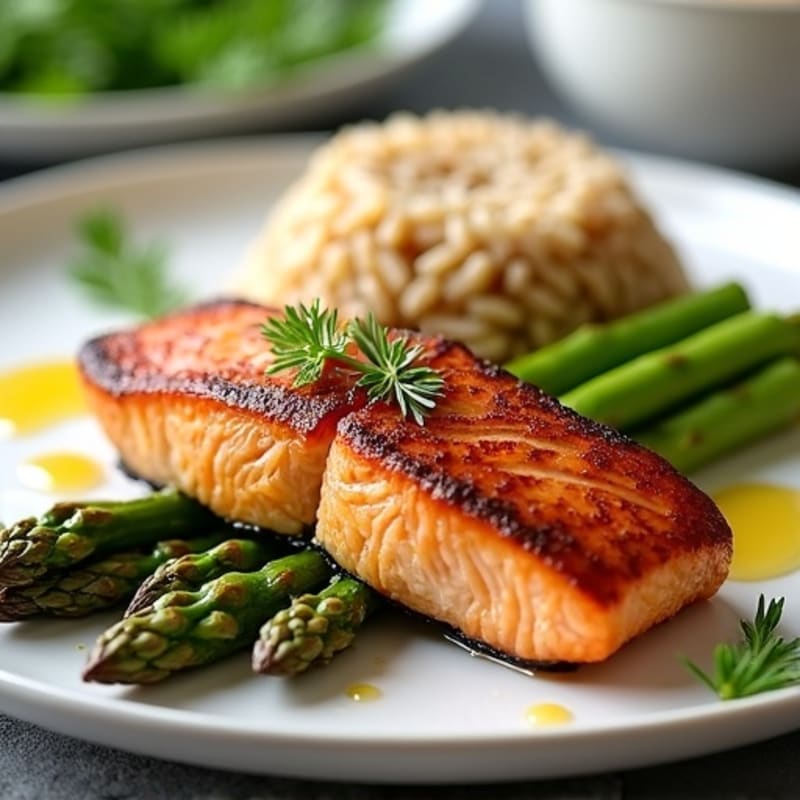 Seared Salmon with Steamed Asparagus and Brown Rice