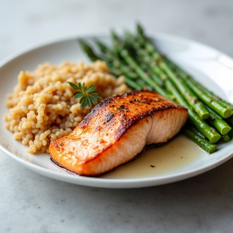 Seared Salmon Fillet with Steamed Asparagus and Brown Rice