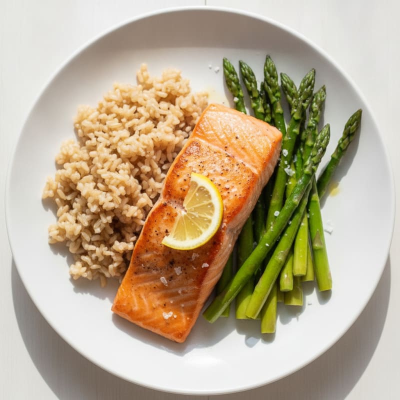 Seared Salmon Fillet with Steamed Asparagus and Brown Rice
