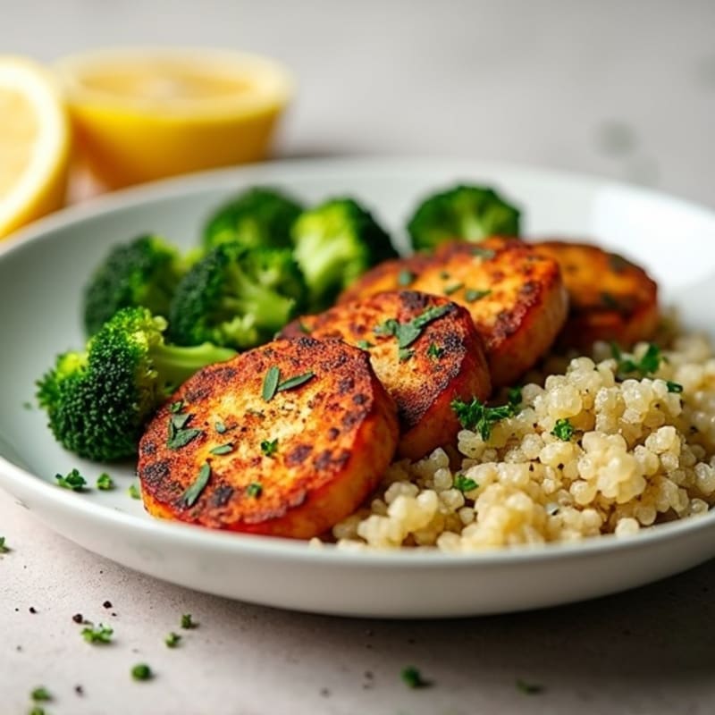 Herb-Baked Tempeh with Quinoa and Steamed Broccoli
