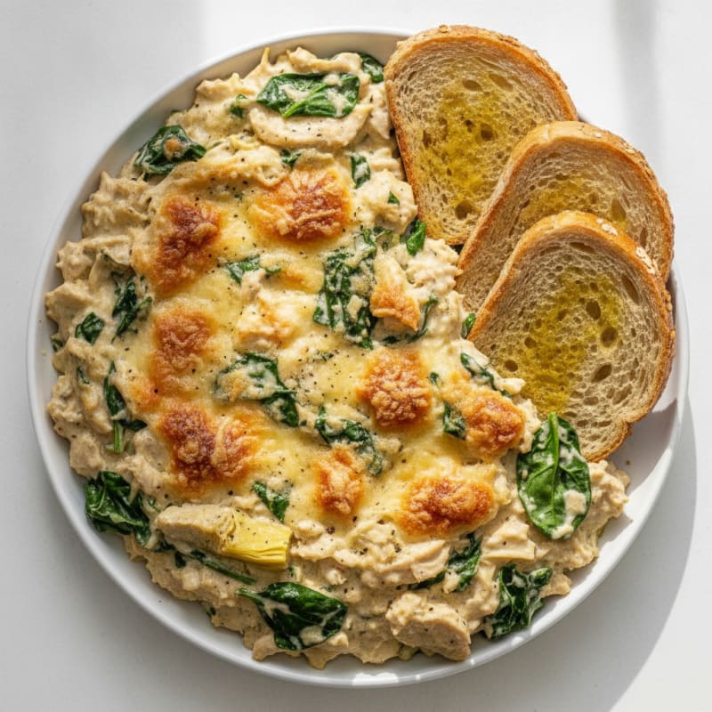 High-Protein Baked Spinach Artichoke Chicken Dip