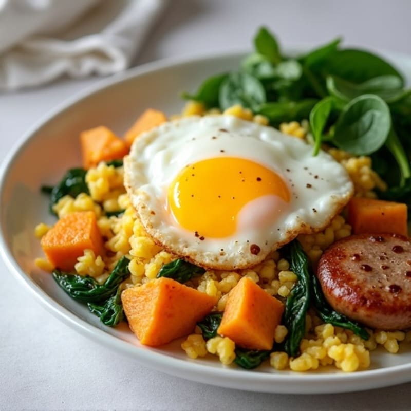Egg White and Turkey Sausage Scramble with Spinach and Sweet Potato