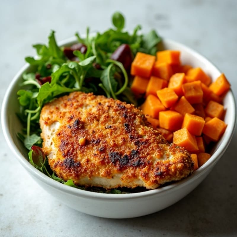Crispy Baked Chicken Protein Bowl with Roasted Sweet Potatoes and Greens