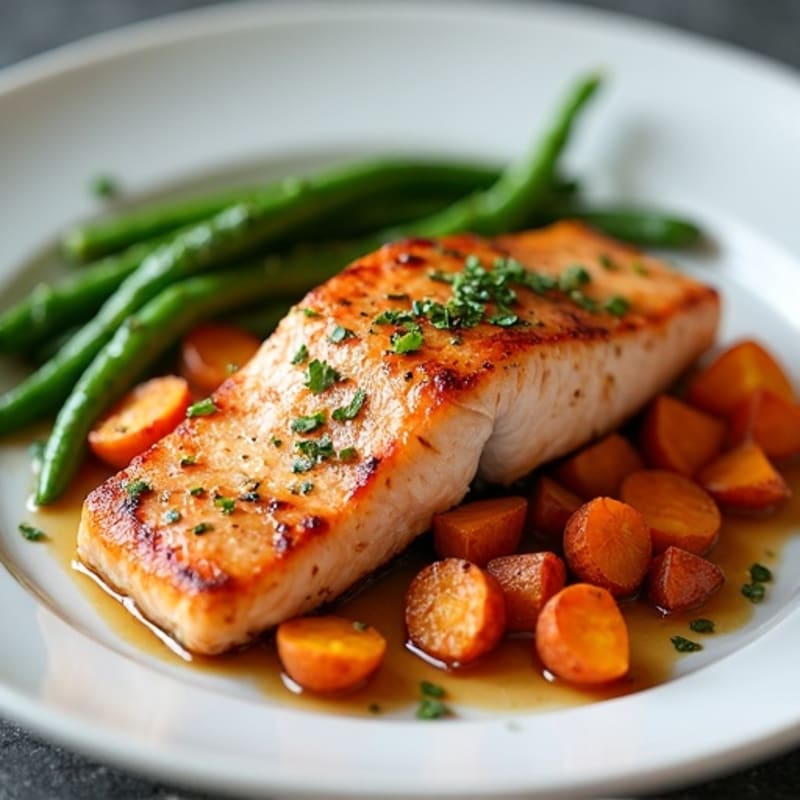 Maple-Glazed Salmon with Roasted Sweet Potatoes and Crispy Green Beans