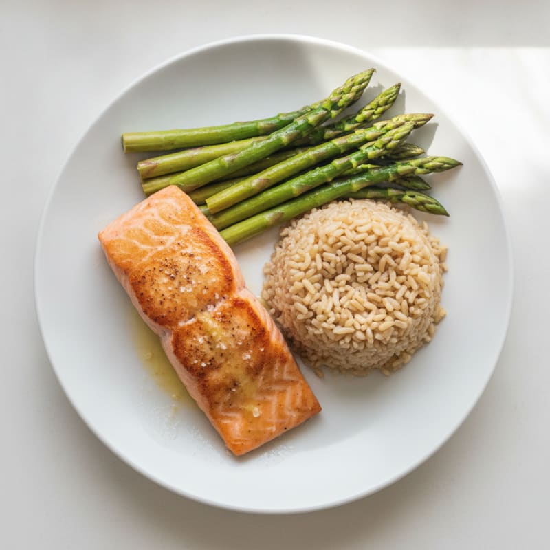 Seared Salmon with Steamed Asparagus and Brown Rice