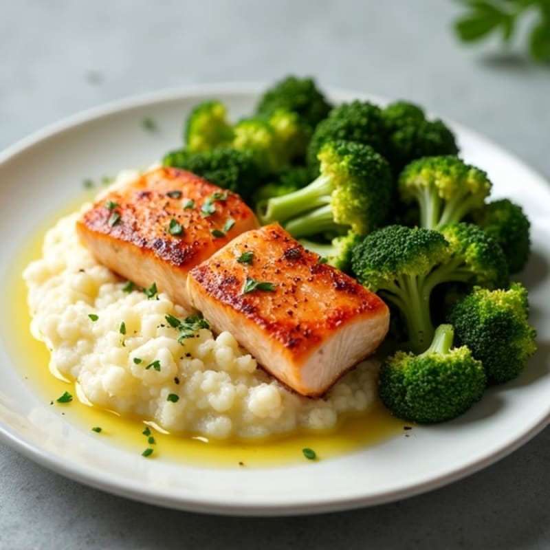 Seared Salmon with Steamed Broccoli and Garlic Mashed Cauliflower