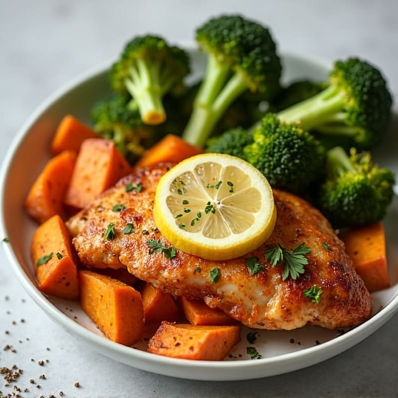Crispy Lemon-Garlic Chicken with Roasted Sweet Potatoes and Broccoli