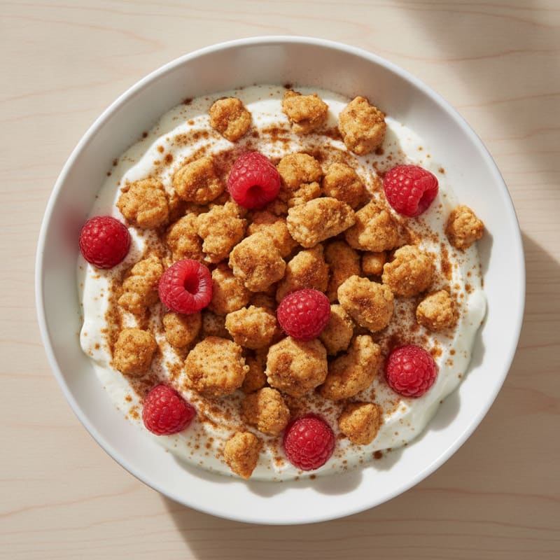 High-Protein Greek Yogurt Bowl with Ground Chicken Crumbles and Berries