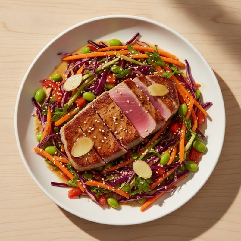 Seared Tuna Steak with Crunchy Vegetable Slaw