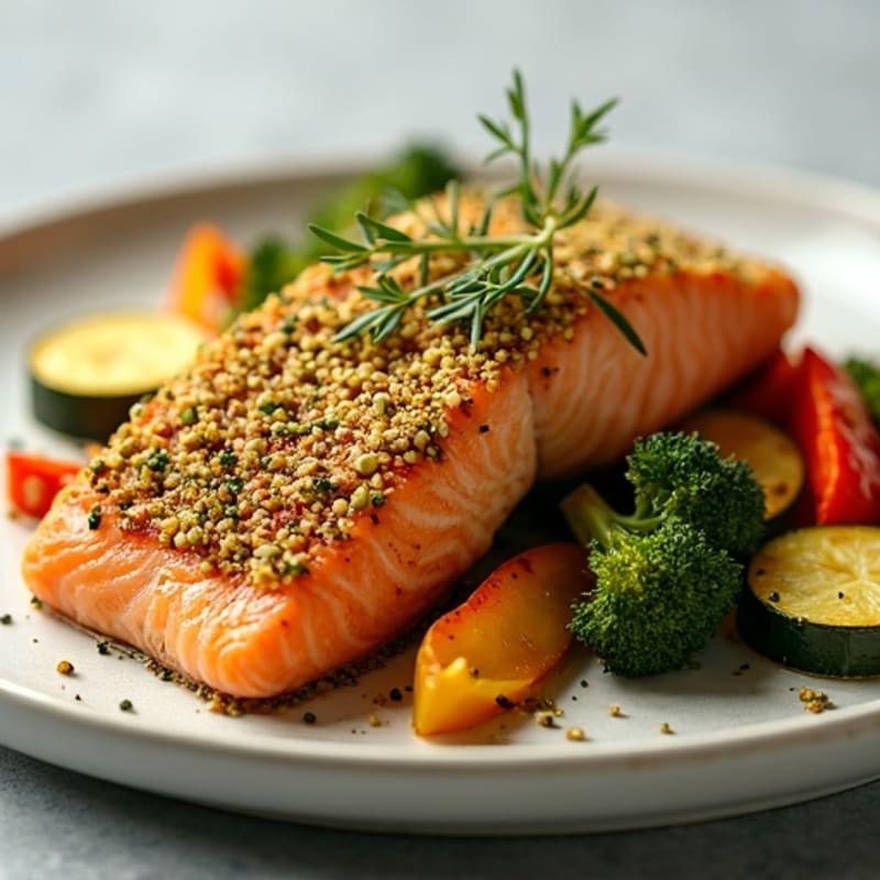 Crispy Pistachio-Crusted Salmon with Lemon-Herb Roasted Vegetables