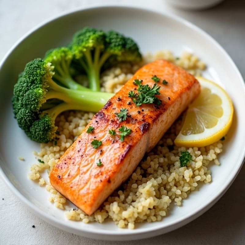 Seared Salmon with Steamed Broccoli and Lemon Quinoa