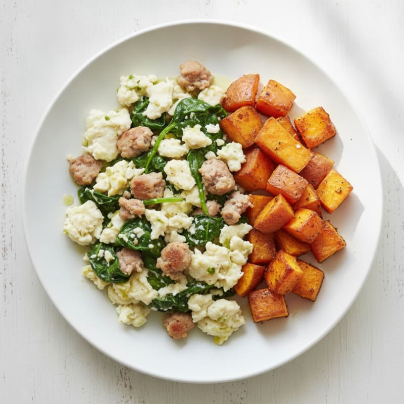 Egg White and Turkey Sausage Scramble with Spinach and Roasted Sweet Potatoes