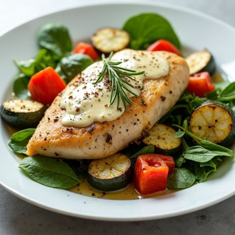 Lemon-Herb Roasted Chicken with Fresh Greens, Roasted Vegetables, and Creamy Tahini Dressing