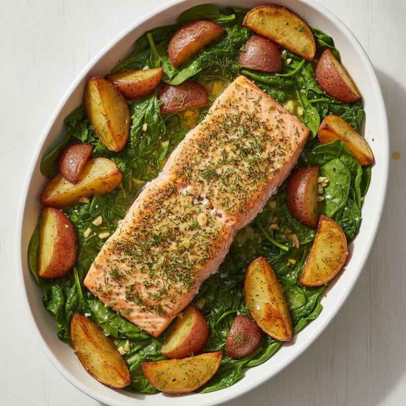 Herb-Roasted Salmon with Potatoes and Spinach