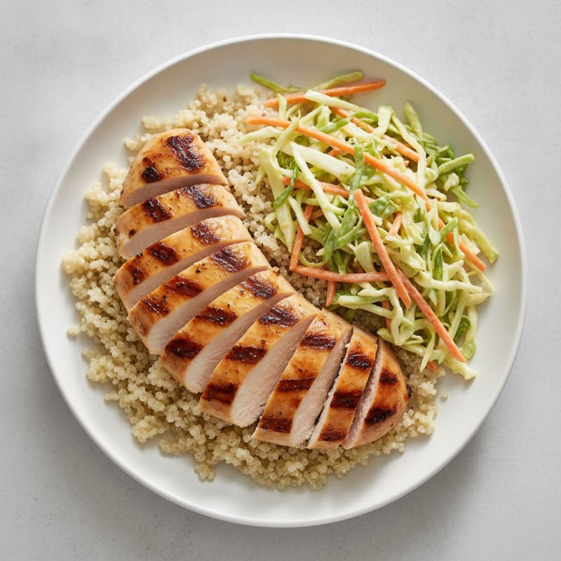 Grilled Chicken Breast with Crunchy Cabbage Slaw and Quinoa