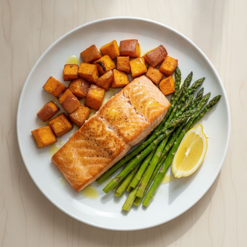 Seared Salmon with Roasted Sweet Potato and Asparagus