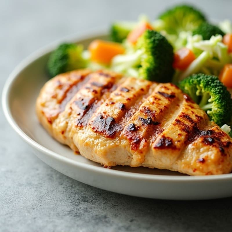Grilled Chicken Breast with Crunchy Broccoli Slaw and Lemon Yogurt Dressing
