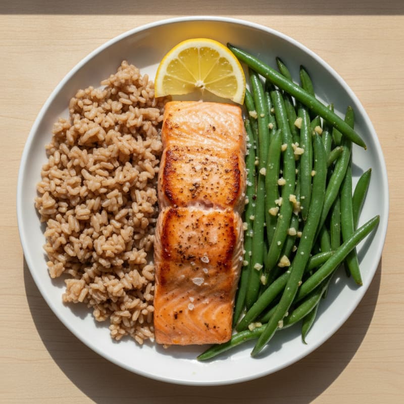 Seared Salmon with Garlic Green Beans and Brown Rice