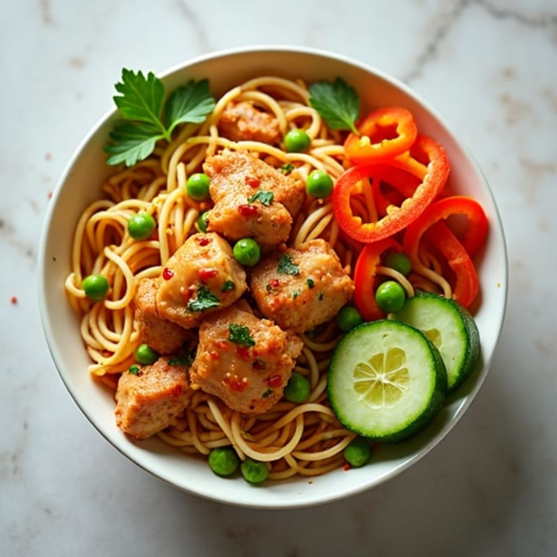 Spicy Sriracha Chicken Noodle Bowl with Fresh Vegetables