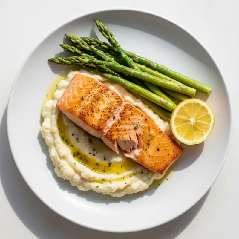 Seared Salmon with Steamed Asparagus and Cauliflower Mash