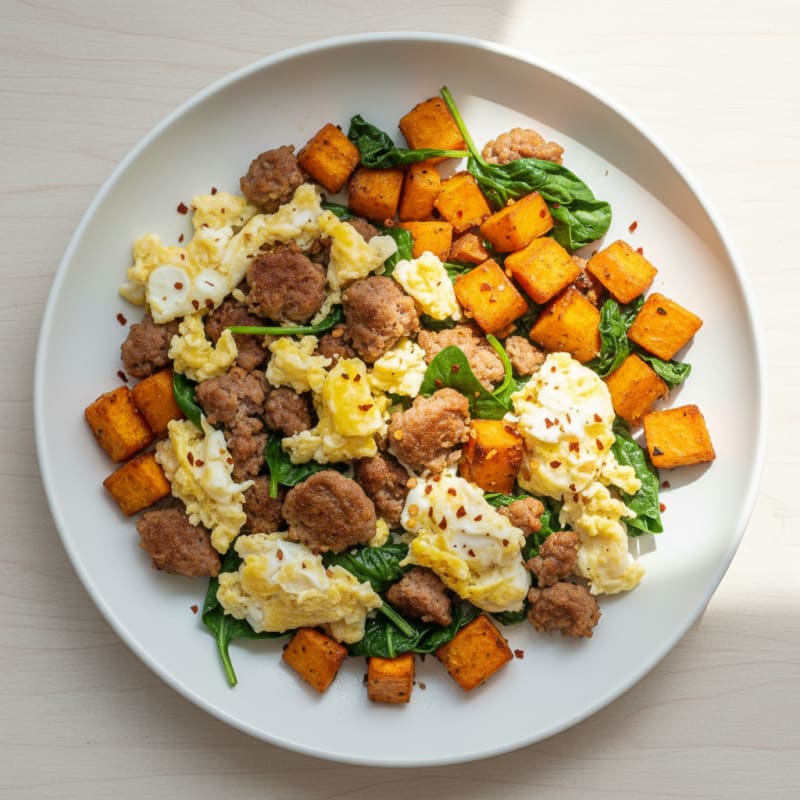 Egg White and Turkey Sausage Scramble with Roasted Sweet Potatoes