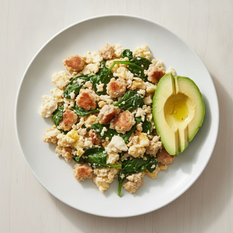 Egg White Scramble with Turkey Sausage and Sautéed Spinach