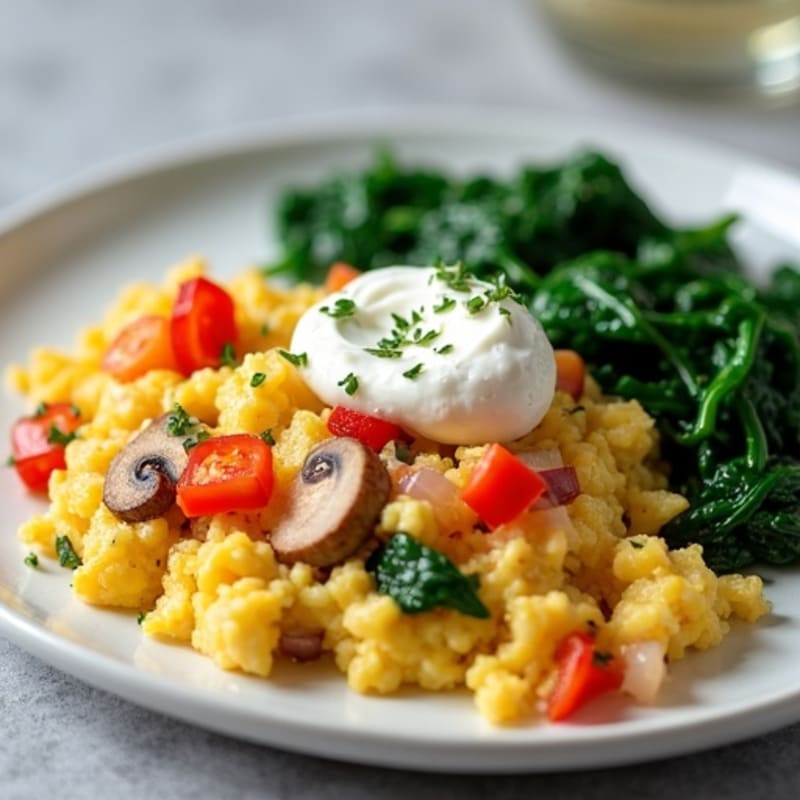 Egg White Veggie Scramble with Cottage Cheese and Sautéed Spinach