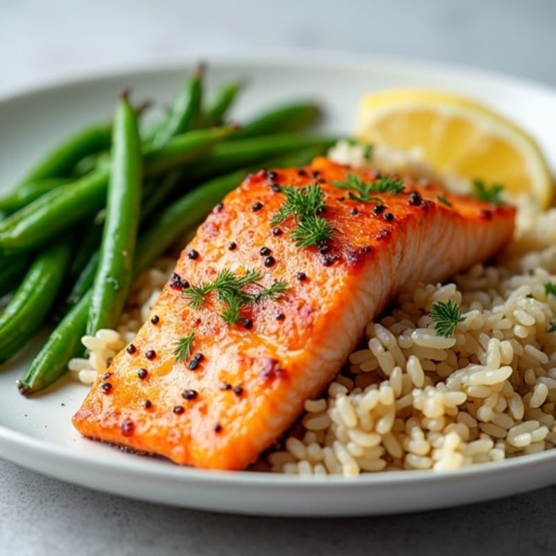 Seared Salmon with Garlic Green Beans and Herb Rice