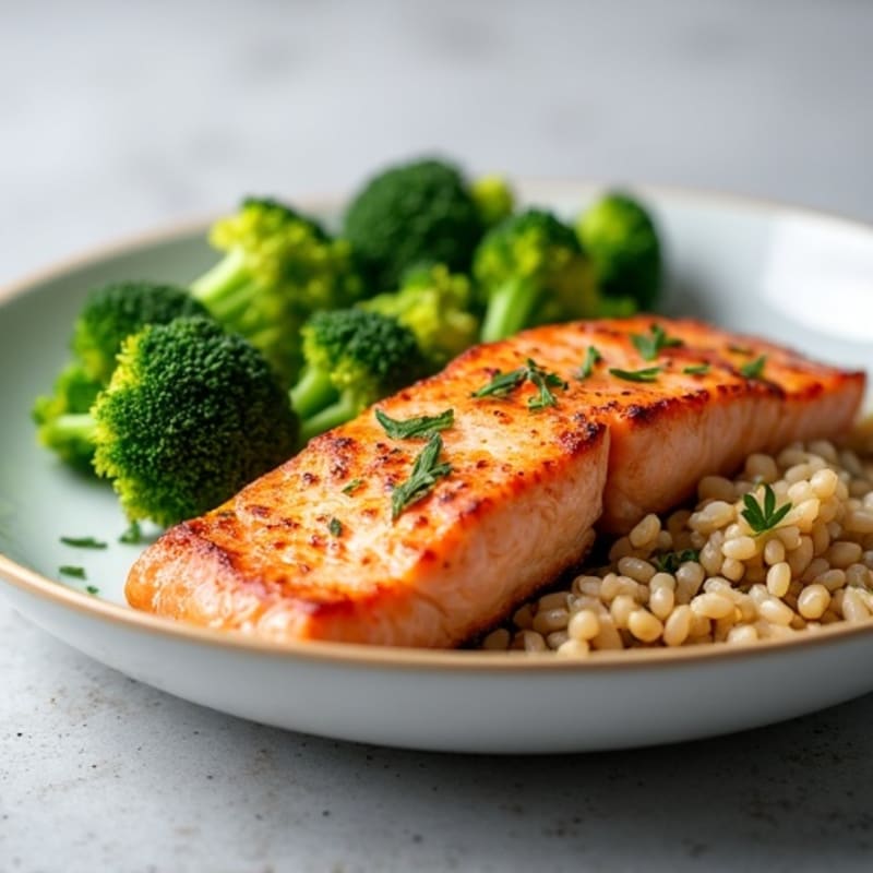 Seared Salmon with Steamed Broccoli and Brown Rice