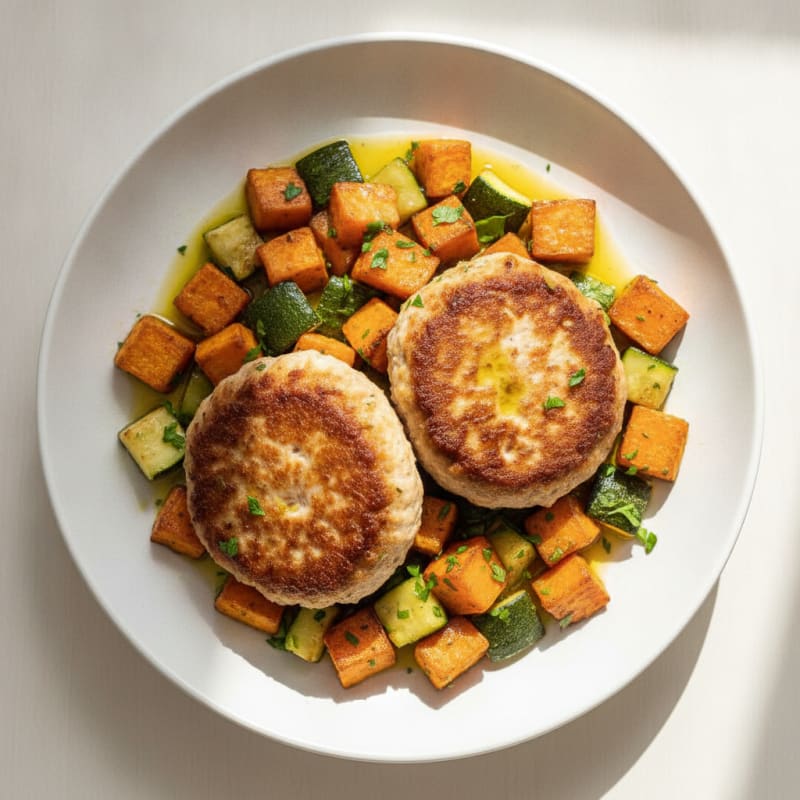 Seared Turkey Patties with Roasted Sweet Potato