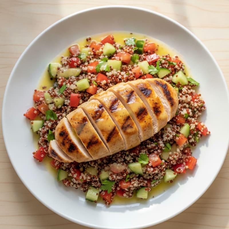 Grilled Chicken Breast with Crunchy Quinoa Salad and Lemon Vinaigrette