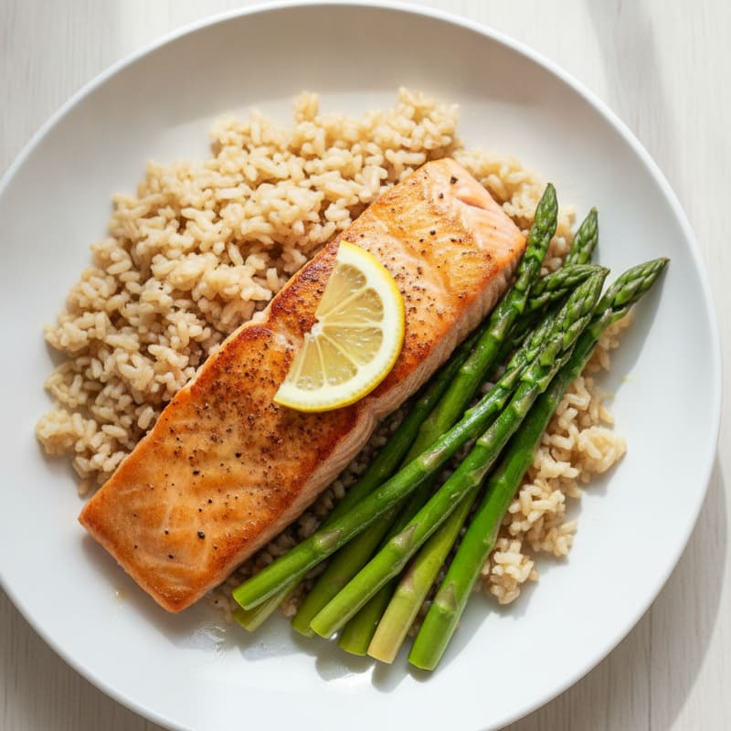 Seared Salmon Fillet with Steamed Asparagus and Brown Rice