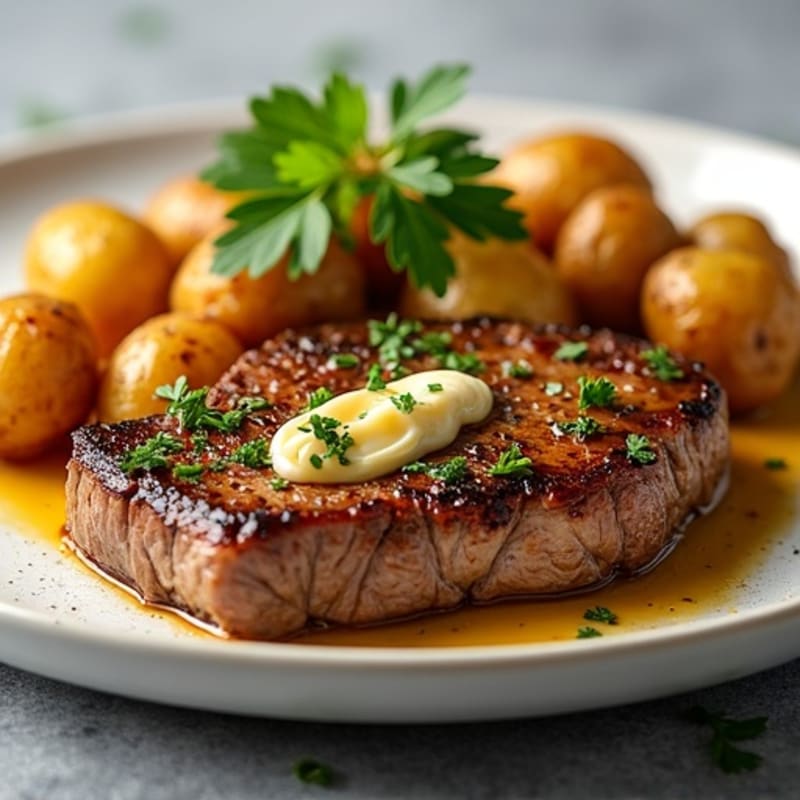 Pan-Seared Garlic Butter Steak with Crispy Roasted Potatoes