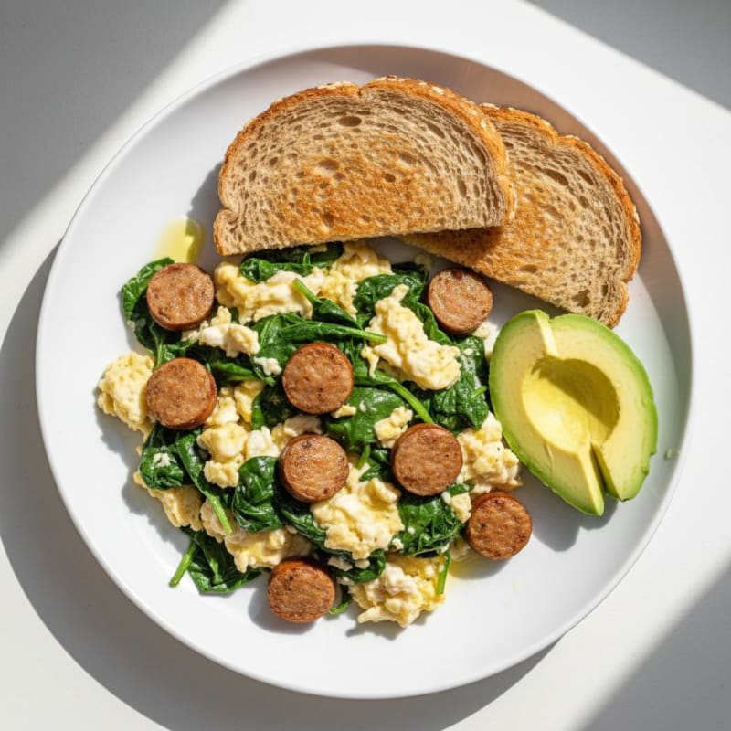 Egg White and Turkey Sausage Scramble with Sautéed Spinach