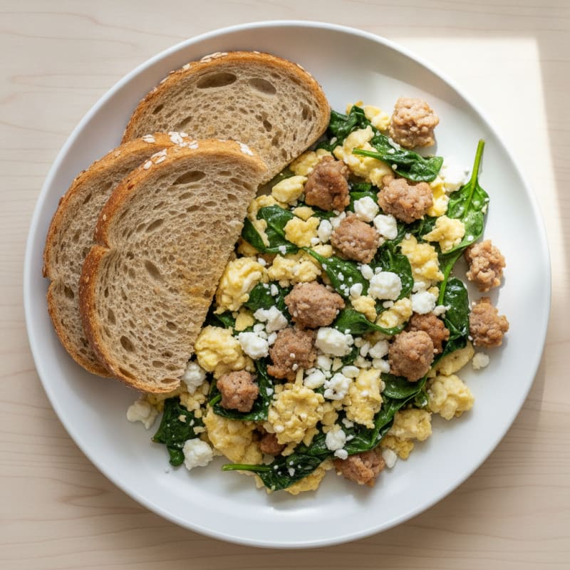 Egg White and Turkey Sausage Scramble with Spinach and Feta